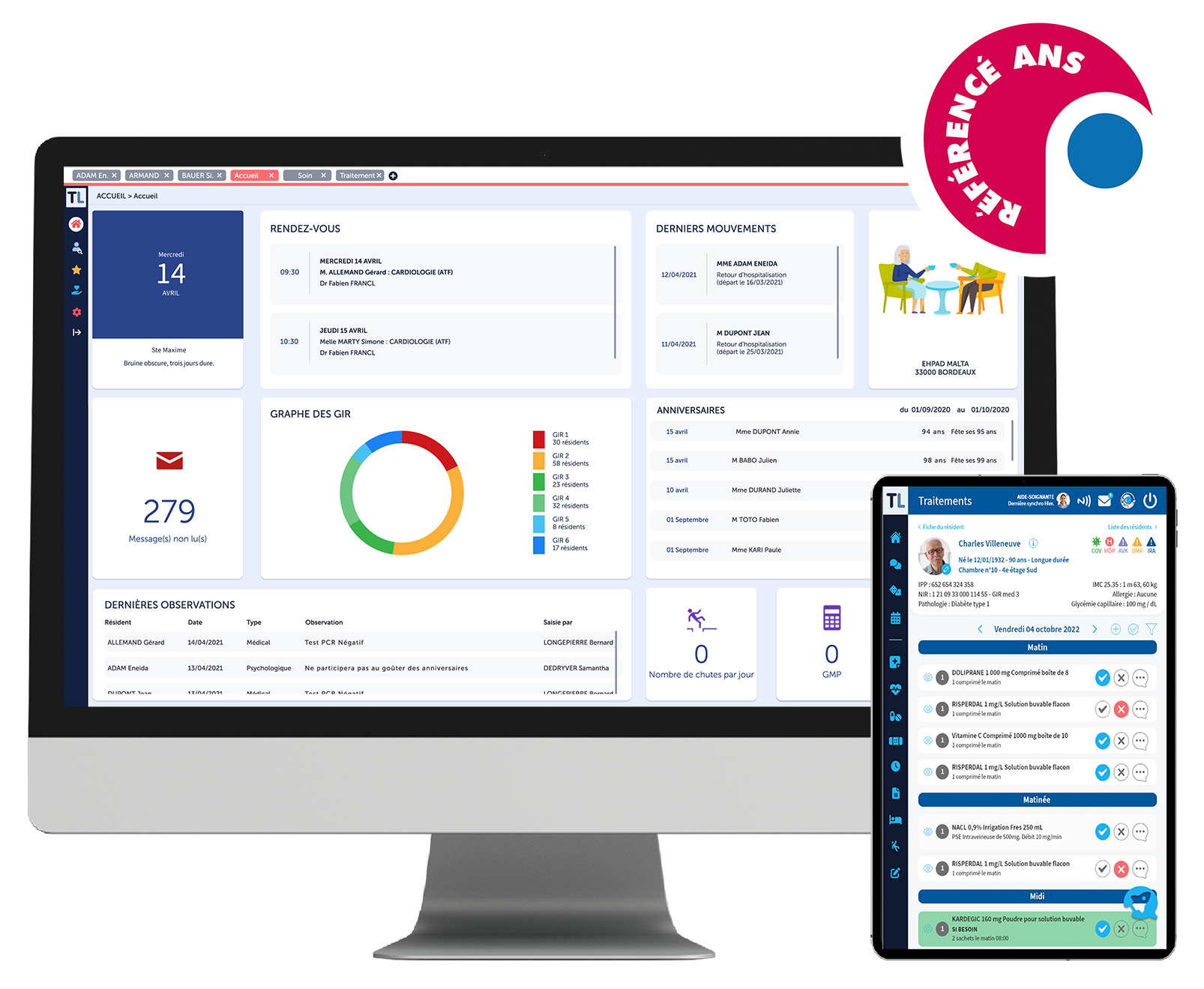 Logiciel gestion soin en ehpad référencé segur, solution web et tablette, titanlink, nomade